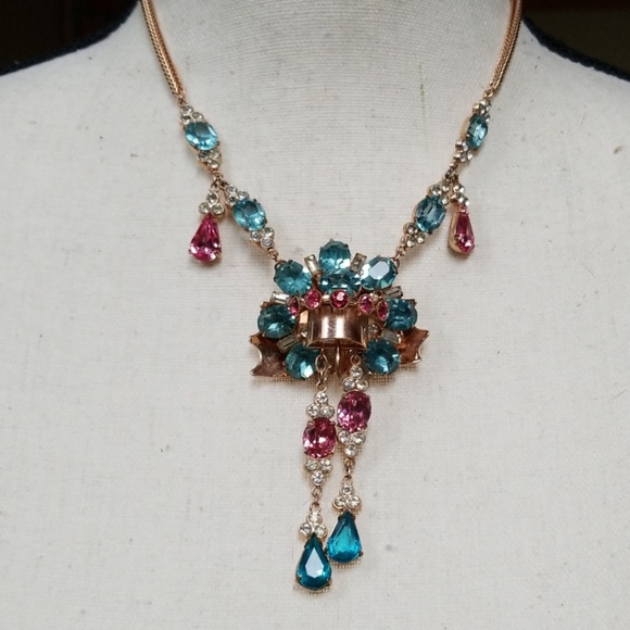 Vintage 1920s Art Deco Couture Rose Gold Aquamarine Crystal Fringe Necklace - Picture 11 of 12